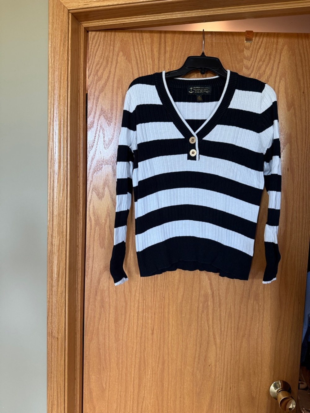 Ralph Lauren Black and White Striped V-Neck Sweater with Button Placket